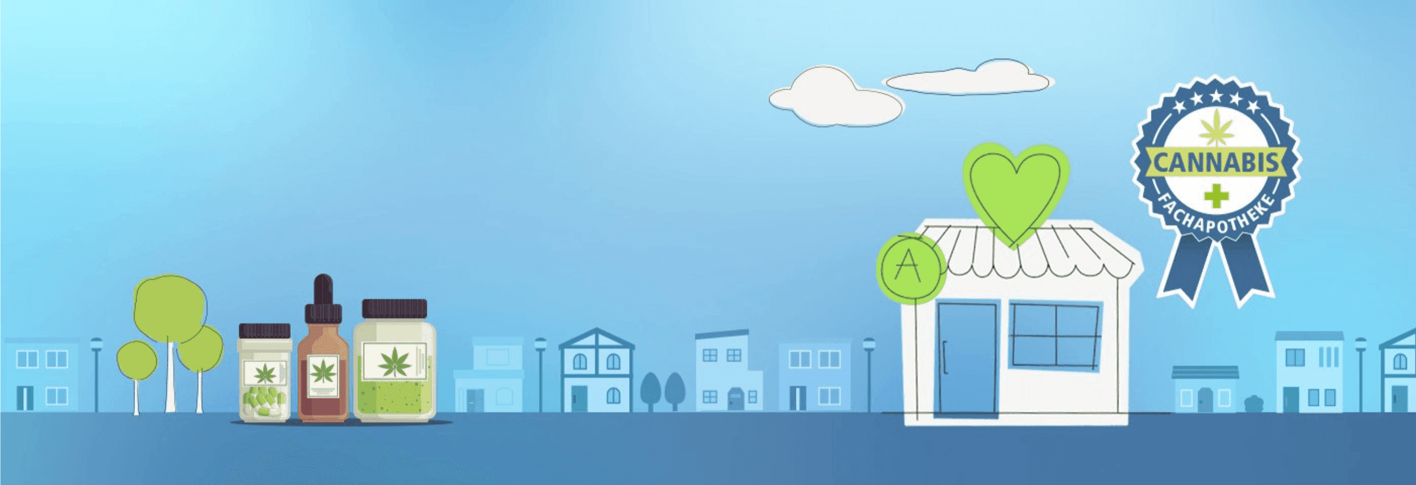 Stadtansicht mit Cannabisprodukten und Apotheke